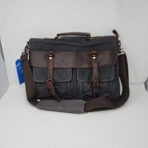 Tocode Waxed Canvas Satchel Leather Briefcase Messenger Bag Gray